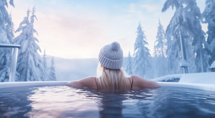 Young woman in hot tub in bathtub jacuzzi outdoors at winter day. Woman relaxing in outdoor hot tub and enjoying snowy winter forest landscape at spa resort - obrazy, fototapety, plakaty