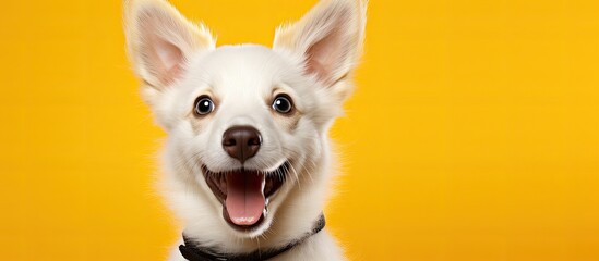 A lovely puppy dog is photographed alone against a yellow backdrop showcasing its fluffy medium coat The dog is in a studio setting with a front facing camera angle and the close up shot foc