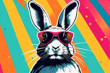 Sunglasses-Wearing Bunny on a Colorful Background. Generative Ai