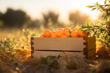 Wooden bin full of oranges in grass field of orchard land