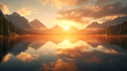 Breathtaking sunrise over a tranquil alpine lake, casting a golden glow upon the mirrored surface, creating a moment of pure serenity. Ai Generated.NO.02 - obrazy, fototapety, plakaty