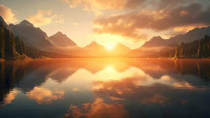 Rollo Breathtaking sunrise over a tranquil alpine lake, casting a golden glow upon the mirrored surface, creating a moment of pure serenity. Ai Generated.NO.02 © ZWDQ