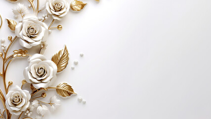 White roses with golden details 3D illustration over white backgorund for copy space. Wedding card concept