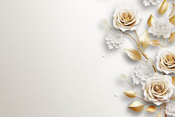 Wedding card style banner with 3D white roses with gold details over white background for copy space