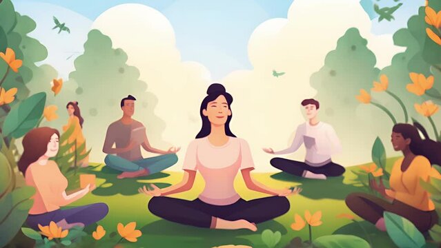 Characters engage in a mindfulness meditation session, surrounded by tranquil nature and focusing on their breaths. 