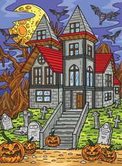 Halloween Haunted House Colored Cartoon 