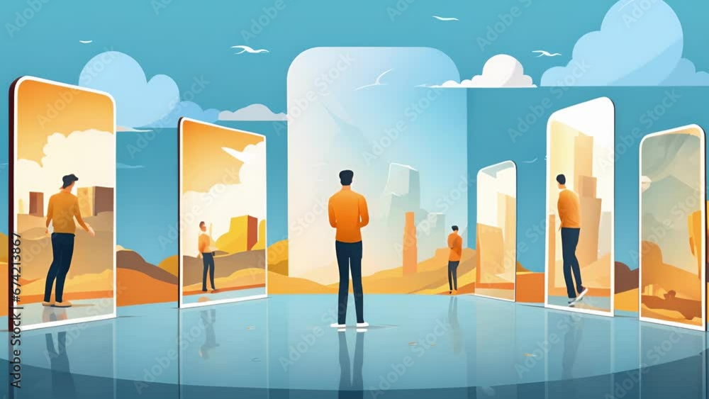 Poster a character stands in front of a massive mirror, seeing various reflections of themselves, each repr