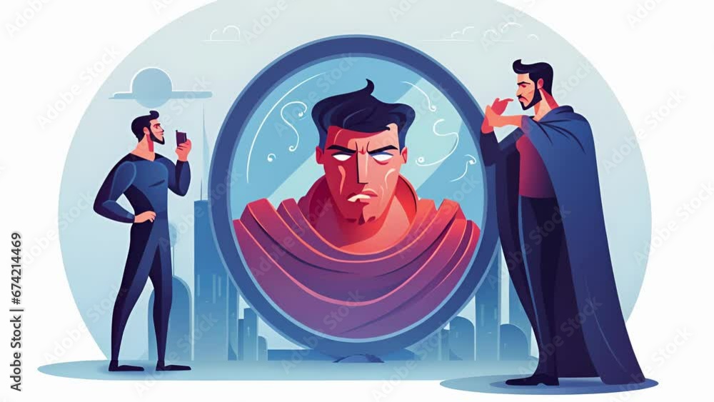 Poster the villains cartoon character holds a mirror in front of the protagonists face, symbolizing introsp