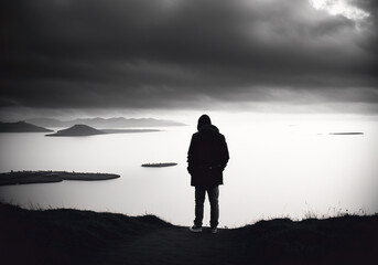 Man looking at the sea from the mountain. Black and white