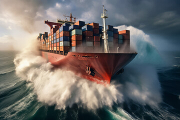 Cargo container ship sailing on a stormy sea. The sea water breaks, but the ship moves forward. Global world export-import trade supports the world economy. Concept of facing difficulties