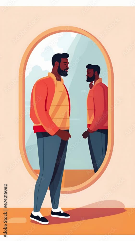 Poster a character standing in front of a mirror, talking to their own reflection, representing selfreflect