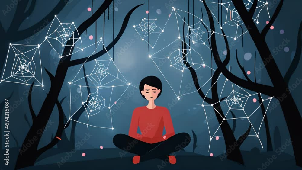 Poster a character ped inside a tangled web of their own negative thoughts, unable to break free, symbolizi