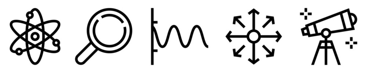Conjunto de iconos de física. Termodinámica, movimiento, velocidad, fuerza. Átomo, lupa, onda, vector, telescopio. Ilustración vectorial