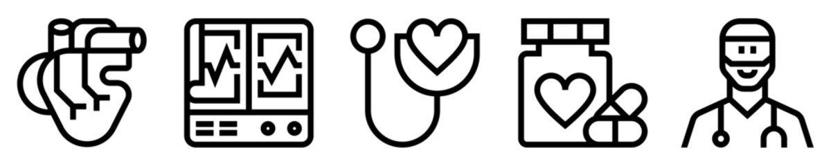 Conjunto de iconos de cardiología. Medicina. Corazón anatómico, electrocardiograma, estetoscopio, medicamentos, médico. Ilustración vectorial - obrazy, fototapety, plakaty