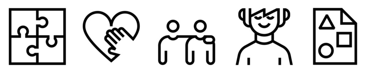 Conjunto de iconos de autismo. Trastorno psicológico. Rompecabezas, mano en el corazón, ayuda, abrazo, persona autista, hoja de pictogramas. Ilustración vectorial