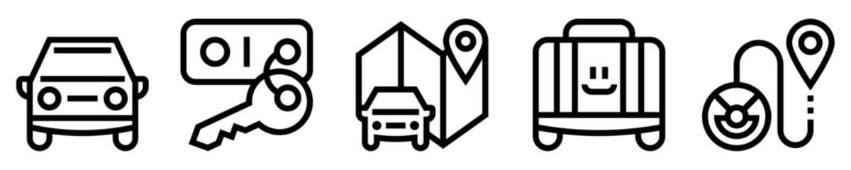 Conjunto de iconos de alquiler de autos. Conducción. Coche en alquiler, llave, mapa, ubicación, maleta de viaje, trayectoria, ruta. Ilustración vectorial - obrazy, fototapety, plakaty