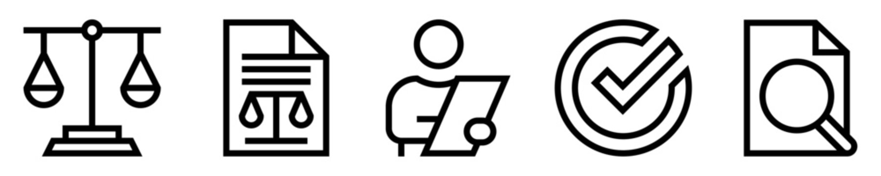 Conjunto de iconos de cumplimiento y regulaci&oacute;n. Auditor&iacute;a. Balanza de justicia, documentos legales, inspector, marca de verificaci&oacute;n, investigaci&oacute;n de documentos. Ilustraci&oacute;n vectorial