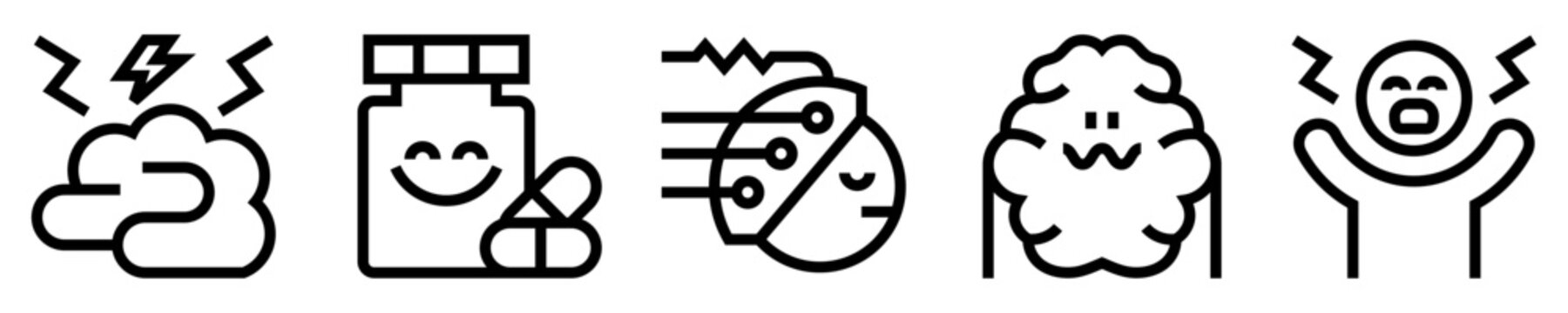 Conjunto de iconos de epilepsia. Trastorno neurol&oacute;gico. cerebro alterado, medicamentos, electroencefalograma, cerebro ansioso, persona epil&eacute;ptica. Ilustraci&oacute;n vectorial