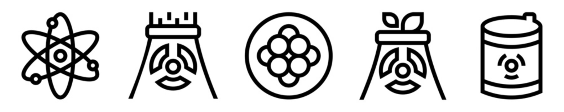 Conjunto de iconos de energ&iacute;a nuclear. &Aacute;tomo con electrones, reactor nuclear, sostenible, n&uacute;cleo del &aacute;tomo, barril contaminado. Ilustraci&oacute;n vectorial