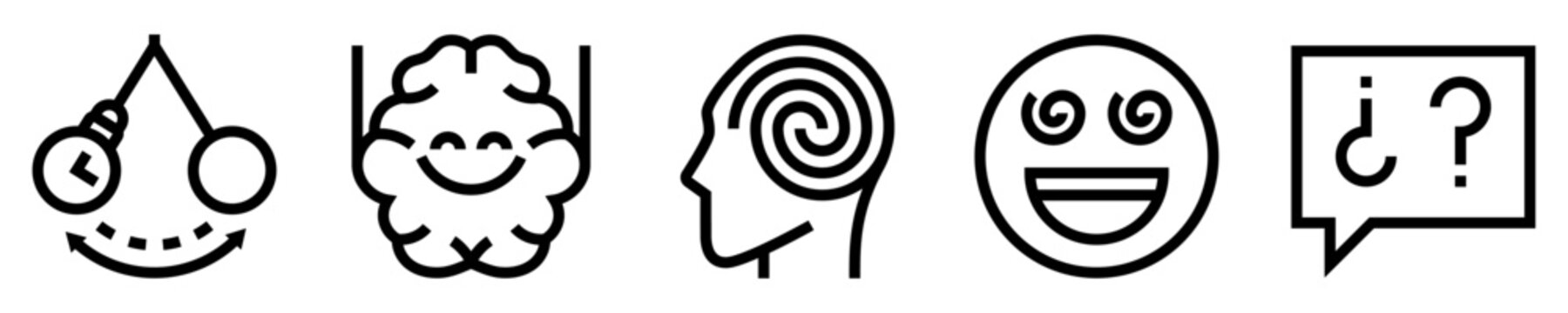 Conjunto de iconos de hipnoterapia. autoconciencia, mente cuerpo. Reloj de bolsillo, cerebro tranquilo, persona hipnotizada, espiral, preguntas internas. Ilustraci&oacute;n vectorial