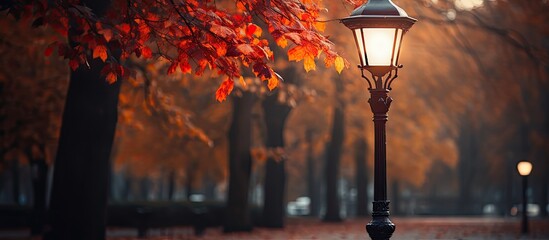 Elaborate lamp pole surrounded by fall colored park