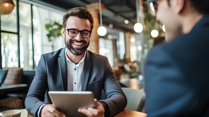 Smiling young male financial advisor holding digital tablet consults with client. generative AI