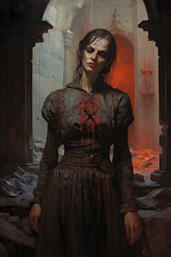 Bloodthirsty Vampire in Decaying Manor, Dark Medieval Fantasy, Old School  RPG Illustration