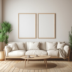 2 poster frames mock-up in home interior background with sofa, table and decor in living room
