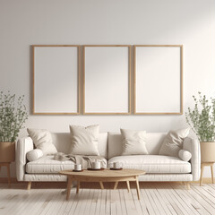 Cozy living room design, 3 poster frames mockup in warm light interior design space.
