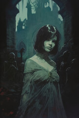 "Haunting Graveyard Banshee Descent", Dark Medieval Fantasy, Old School  RPG Illustration
