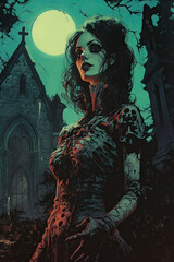 Fototapeta premium Moonlit Female Necromancer in Graveyard, Dark Medieval Fantasy, Old School RPG Illustration
