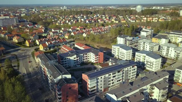 Top view of apartment condos in Linkoping city, Sweden. Family housing in quiet neighborhood. Real estate development in Scandinavian suburbs