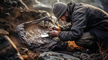 Archaeologist excavates dinosaur remains - obrazy, fototapety, plakaty