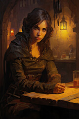 Shadowy Rogue in Dimly Lit Tavern
 , Dark Medieval Fantasy,Old School  RPG Illustration - obrazy, fototapety, plakaty