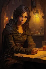 Fotobehang Shadowy Rogue in Dimly Lit Tavern  , Dark Medieval Fantasy,Old School  RPG Illustration © Dolgren