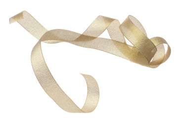 Gold ribbon long straight fly in air with curve roll shiny. Gold ribbon for present gift birthday party to wrap around decorate and make of textile cloth long straight. White background isolated