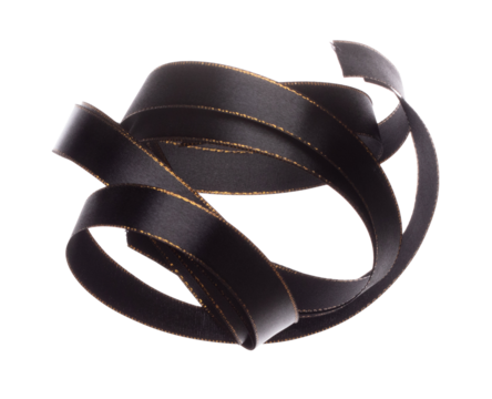 Black ribbon long straight fly in air with curve roll shiny. Black ribbon for present gift birthday party to wrap around decorate and curl curve long straight. White background isolated