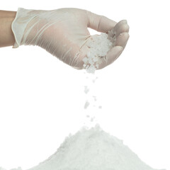 Salt pouring fall down from hand finger, great big white salts flower explode abstract cloud fall. Heap of Salt rock mix with ground powder, seasoning element design. White background isolated