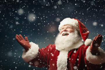 Santa Clause smiling with raised arms, looking up. Happy Santa Clause