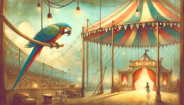 Illustration of a scene in a child's storybook about the circus - a macaw on a flying trapeze
 