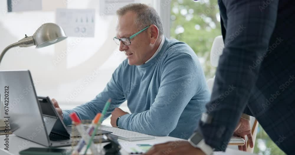 Poster laptop, collaboration and management with a business man in the office for planning or discussion. c