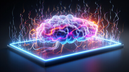 3D render, brain waves, neurons, electric waves flowing, human brain, holographic