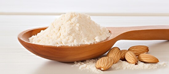 Fototapeta na wymiar The wooden spoon holds almond flour