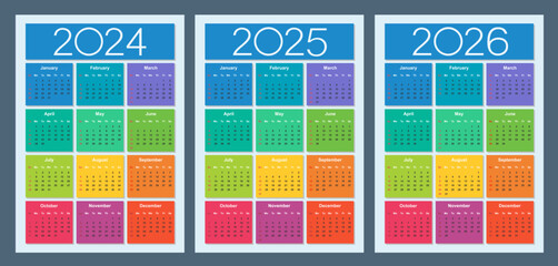 Colorful calendar for 2024, 2025 and 2026 years. Week starts on Sunday. Vertical calendar design template. Basic grid. Isolated vector illustration. - obrazy, fototapety, plakaty