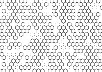 Hexagonal background with white space. Cells with hollow border in gray scale and shadows.
