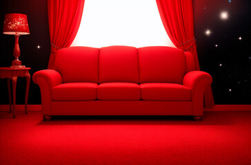 Red sofa on a red carpet in the room.