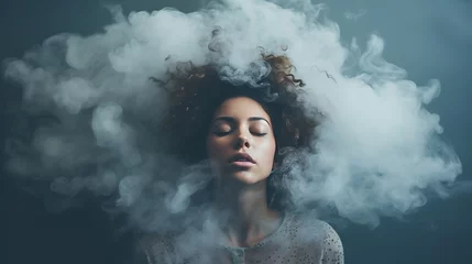 Foto op Plexiglas A young woman surrounded by a misty cloud representing depression, addiction, loneliness, and poor mental health, generative ai © Thumbs