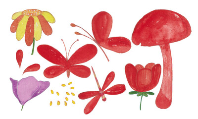 colorful flowers and butterfly. watercolor vector isolated on white background. pattern elements design.