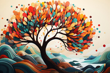 tree in the park. Autumn beautiful tree with orange leaves poster. Nature fall landscape. Watercolour illustration. 