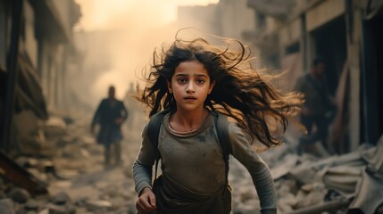 Innocent Civilians Fleeing Missile Attack in City. Kids and Families Escaping Surprise Military Operation with Fear and Terror, generative ai - obrazy, fototapety, plakaty
